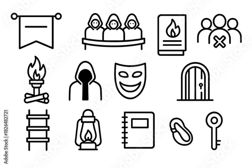 Underground Network Icons. Line style icons of Underground Network: Hidden Banner, Secret Council, Pamphlet, Silenced Crowd;