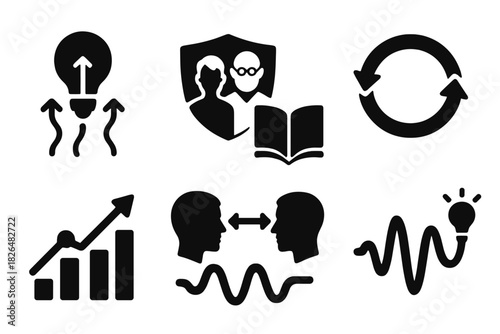 Reverse Idea Flow. Solid style icons of idea flow reversal: insight stream upward icon, youth-to-expert badge, flipped knowledge