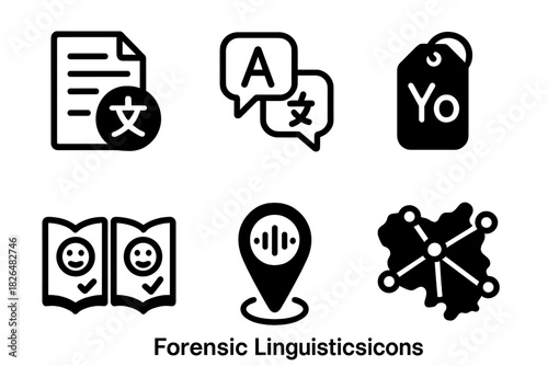 Forensic Linguistics Icons. Line style icons of Forensic Linguistics: foreign language note icon, translation layer, regional