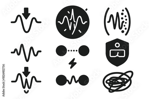 Decoherence Icon Set. Solid style icons of decoherence in biology: collapsing wave function icon, interference destruction badge,