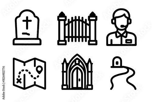 Cemetery Tourism Icons. Line style icons of Cemetery Tourism: old tombstone, cemetery gate, tour guide, heritage map, gothic arch,