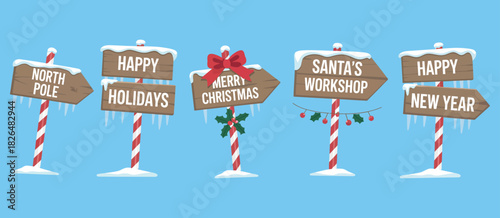 Christmas wooden sign board set, showing x-mas north pole signs, santa workshop indicators, snow drifts, icicles, winter decoration titles, festive banners, and holiday game frames