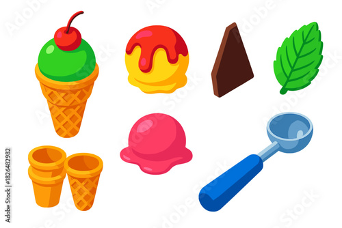 Ice Cream Delights. Isometric vector illustration set Ice cream and desserts – waffle cone, double scoop, cherry on top;