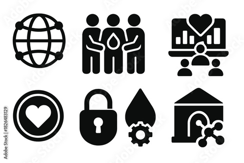 DAO Icons for Public Goods. Solid style icons of DAOs for public goods: global DAO network, community grant icon, public utility