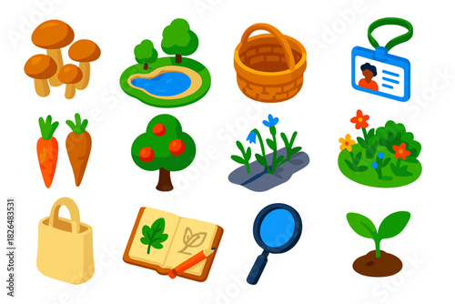 Urban Foraging Icons. Isometric vector illustration set Urban Foraging: mushroom cluster, city park pond, round basket,