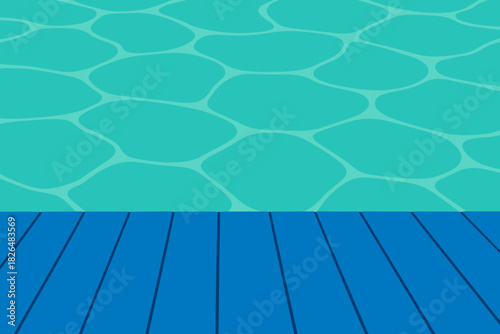 Blue Deck Serenity. Vibrant blue wooden deck vector illustration contrasting against a calm turquoise pool, sharp and modern