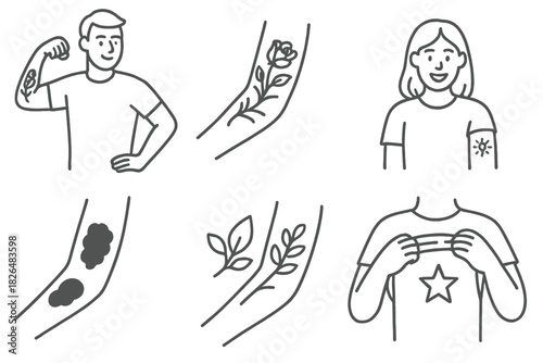Tattoo Transformation Icons. Line style icons of cover-up success results: confident pose with new tattoo, healed skin with