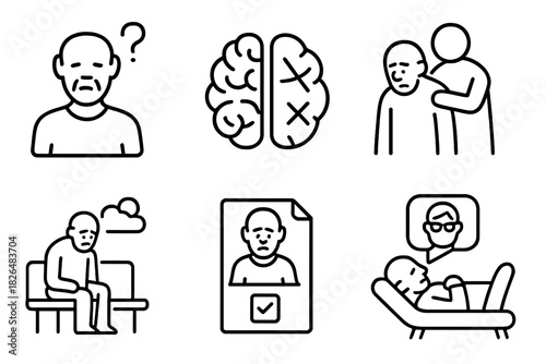 Aging Mental Health Icons. Line style icons of mental health in aging: memory loss symbol, dementia brain, emotional support