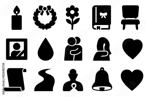 Mourning Icons. Solid style icons of mourning and remembrance: candle, wreath, flower, diary, photo frame, tear drop, hug, chair,