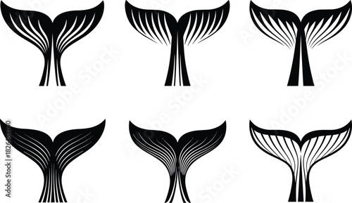 Detailed black silhouette set of six different stylized whale tails, dolphin flukes, and mermaid fins, with detailed lines, ideal for modern logos, tattoos, or decorative nautical graphics