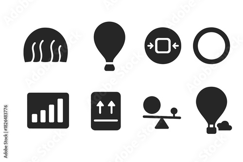 Zero-Pressure Balloon Icons. Solid style icons of zero-pressure balloon design: fabric layer glyph, sealed base icon, vent badge.