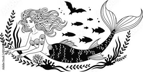 Beautiful mythological mermaid swimming gracefully in the deep sea, with a seashell top, floral crown, surrounded by seaweed, small fishes, and a bat silhouette