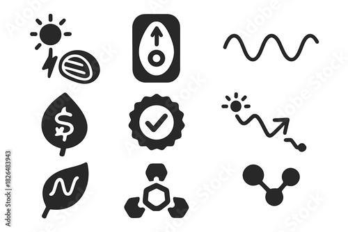 Quantum Photosynthesis Icons. Solid style icons of quantum photosynthesis: photon hitting chloroplast, quantum jump in plant cell,