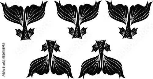 Fish tail vector, black and white illustration, symmetrical aquatic design, stylized fin artwork, decorative marine motif, ocean-themed composition