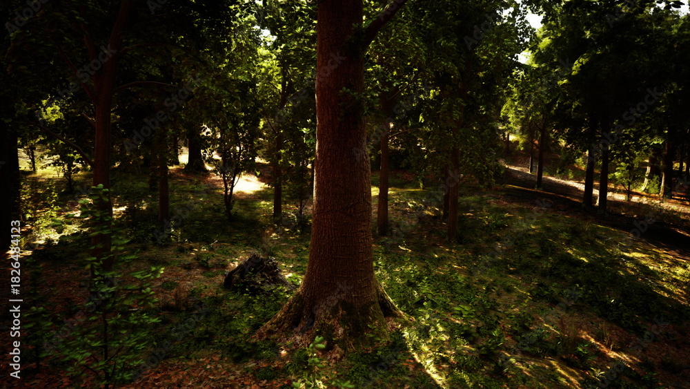 Naklejka premium A peaceful forest clearing bathed in warm sunlight creates a tranquil atmosphere. Tall trees surround the area, casting dappled shadows on the lush green ground, inviting relaxation.