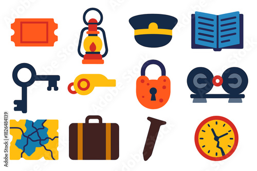 Forgotten Railway Icons. Flat vector icons of Forgotten Railway Artifacts: ticket stub, lantern, conductor hat, timetable book,