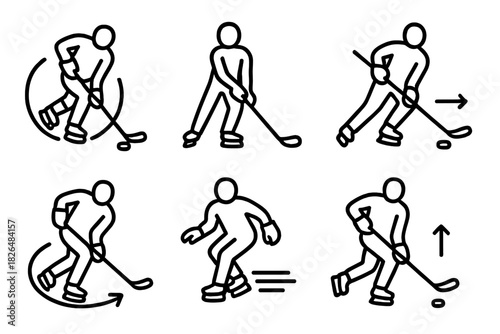 Advanced Skill Icons. Line style icons of advanced skills: puck spin flick, reverse grip hold, no-look pass icon, tight turn