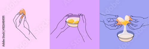 Hand-drawn vector illustration. Step-by-step recipe with chicken eggs. Linear hands holding a bowl. Broken eggs.