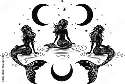 Magical black silhouette of three mystical mermaids sitting on the water surface, surrounded by celestial elements, stars, and crescent moon phases, featuring occult drawing style