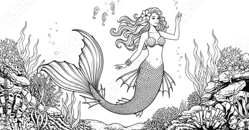 Mermaid underwater illustration, black and white vector, seashell bikini, coral reef, seahorses, seaweed plants, bubbles, fantasy ocean scene, coloring page art