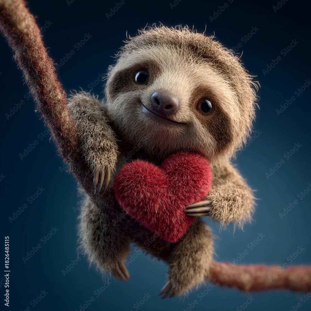Naklejka premium Cute baby sloth holding a fluffy red heart