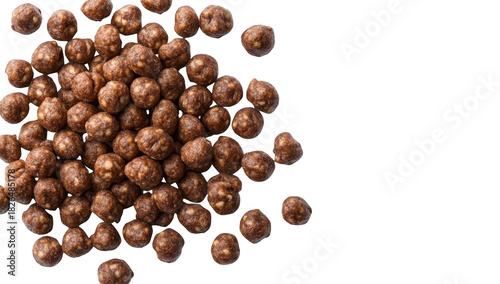 A close-up view of a pile of chocolate-flavored cereal balls scattered on a white background. ideal for food photography. advertising. or culinary content