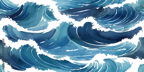 Abstract blue background with dynamic waves of water and sky suggesting an ocean landscape