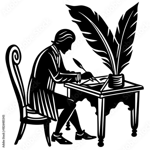 Silhouette of Man Writing with Quill Pen at Desk – Vintage Writer Vector Illustration