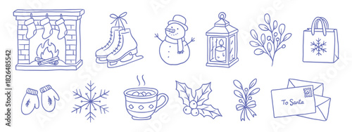 Set of vector icons: fireplace, skates, snowman, lantern, mittens, snowflake, mug, holly, berries, and a letter to Santa. Christmas and winter elements.