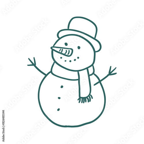 Snowman wearing a top hat and scarf with a carrot nose. Vector illustration of a winter character, holiday decoration, snow.