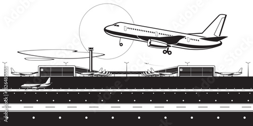 Airplane landing in front of airport terminals  – vector illustration