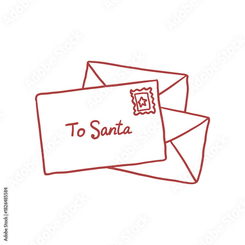 Hand-drawn letter to Santa Claus with a stamp and two envelopes. Vector illustration of Christmas dreams and holidays.