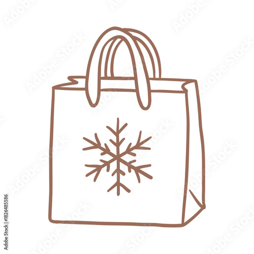 Paper shopping bag with handles and a large snowflake on the front. Vector illustration of Christmas shopping and gifts.