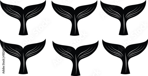 Minimalist set of six different black silhouette whale flukes, dolphin fins, and mermaid tails, featuring internal line detailing, excellent for modern nautical logos, tattoos, and vector graphics