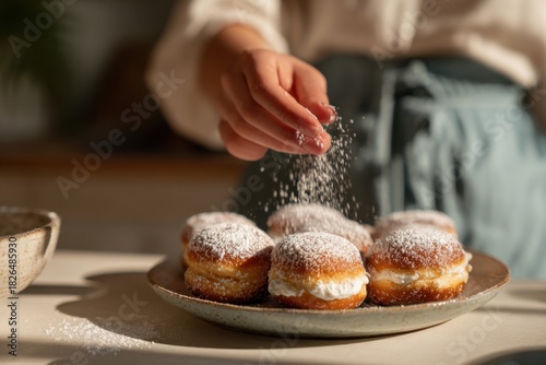 person preparing traditional hanukkah sufganiyot in home kitchen decorating donuts with sugar powder concept of jewish holiday baking and warm family celebration spirit