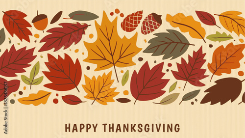 Happy Thanksgiving day horizontal vector banner, card, printable with acorns, berries, plants, text, fall leaves background illustration of autumn, floral elements holiday clipart for web, poster, ads
