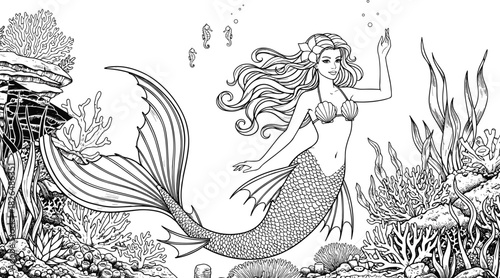 Underwater mermaid illustration, black and white vector, seashell bikini, coral reef, seahorses swimming, seaweed plants, fantasy ocean scene, coloring page art