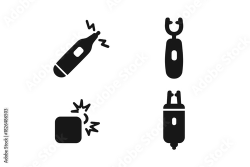 Portable Plasma Devices Icons. Solid style icons of portable plasma devices: handheld therapy wand, travel-size arc tool, mini