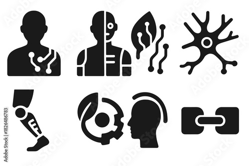 Human-Machine Hybrid Icons. Solid style icons of human-machine hybrid design: body with circuits overlay, half-robot torso,
