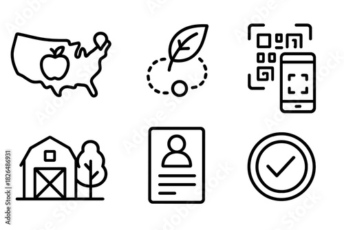 Local Sourcing Icons. Line style icons of local sourcing transparency: food origin map, traceable ingredient icon, QR scan for