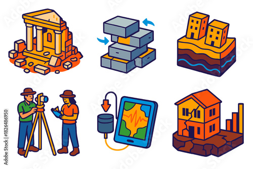 Ancient City Seismology. Isometric vector illustration set Archaeoseismology: ancient city ruins, displaced masonry, soil