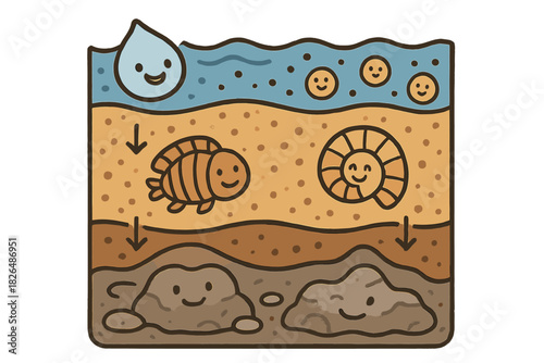 Happy Fossil Layers. Joyful doodle sediment burial illustration with happy fossils, cartoon layers of soil and rock, smiling water