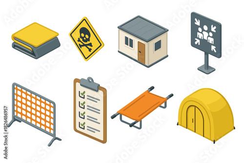 Disaster Relief Supplies. Isometric vector illustration set of Disaster relief: thermal shelter blanket, chemical hazard label,