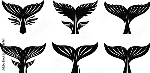 Whale tail vector, black and white illustration, tribal fluke designs, abstract marine artwork, decorative ocean motif, symmetrical aquatic composition