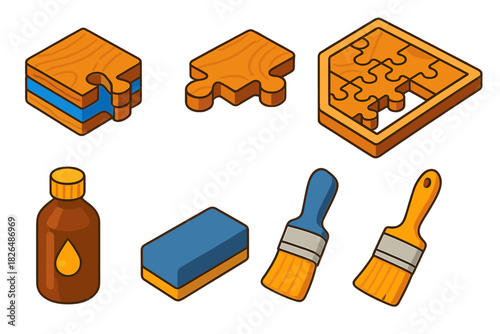 Layered Wood Puzzle. Isometric vector illustration set Puzzle pieces – layered wood puzzle, veneer layer, core layer; laser-cut