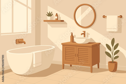 Serene Minimalist Bathroom. Modern bathroom interior vector illustration with minimalist décor and natural wood accents,