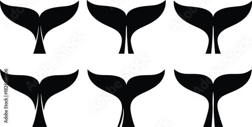 Whale tail vector, black silhouette illustration, marine fluke variations, ocean species design, aquatic icon set, sea life artwork, minimal composition