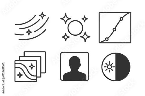 Digital Editing Icons. Line style icons of digital post-processing: light trail overlay, glow enhancement effect, brightness curve