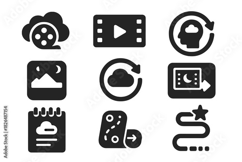 Dream Replay Tools Icons. Solid style icons of dream replay tools: memory reel glyph, dream clip icon, mental playback ring. Scene