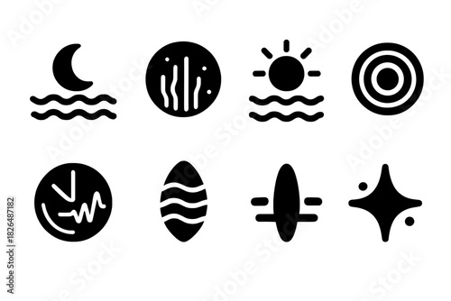 Marine Cycle Icons. Solid style icons of marine light cycles: moon tide glyph, plankton pulse icon, cycle badge. Rhythm ring,
